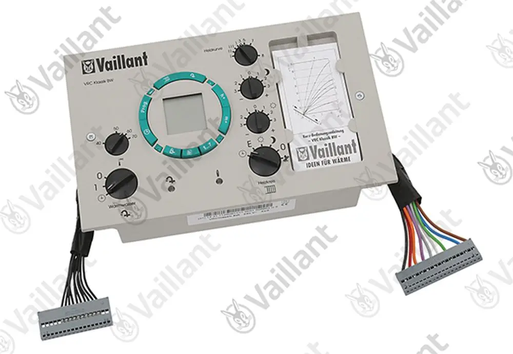 Vaillant elektronischer Regler mit mehreren Einstellknöpfen, Display und Anschlusskabel. Abgebildet ist ein Gerät zur Steuerung von Heizsystemen.